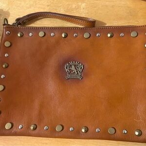 Brown Leather wristlet Bag with Stud Accents